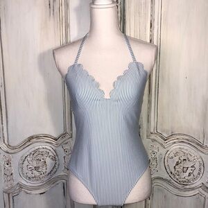 Jessica Simpson Baby Blue and White Stripe Scallop Neckline One Piece Swimsuit